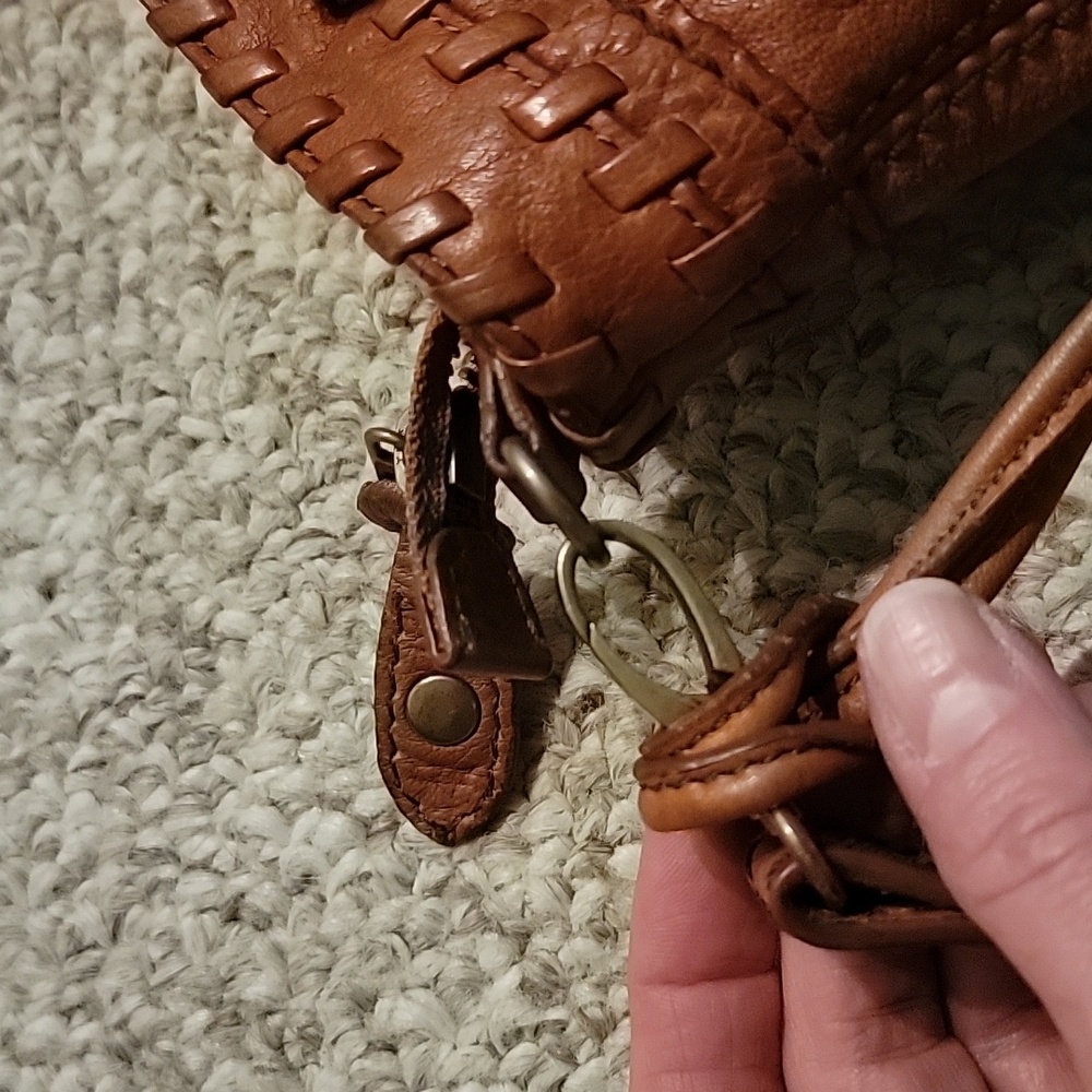 Isabella Fiore Tan Leather Woven-Trim Shoulder Bag with Tassel Accent - Picture 7 of 13